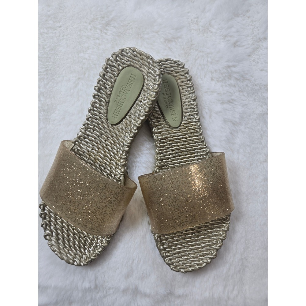 Ilse Jacobsen Cheerful 01 Glitter Slide Sandals Gold Woven Womens 6 EUR 36